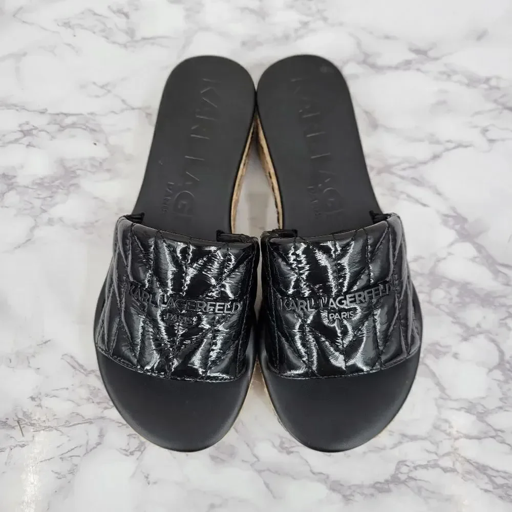 Karl Lagerfeld Kamara Black Quilted Platform Slide Sandals Jute Espadrilles
